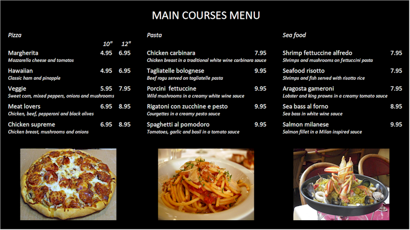 Repeat Signage in-built spreadsheet displays restaurant menus