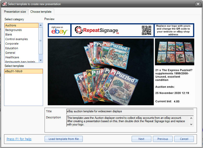Selecting the Repeat Signage eBay auctions template