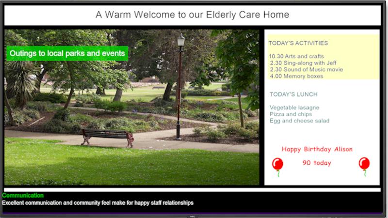 Displaying care home activities on display screens